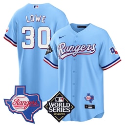 Nathaniel Lowe 30 Baseball team 2023 World Series & Texas State Patch Men's Jersey - Blue