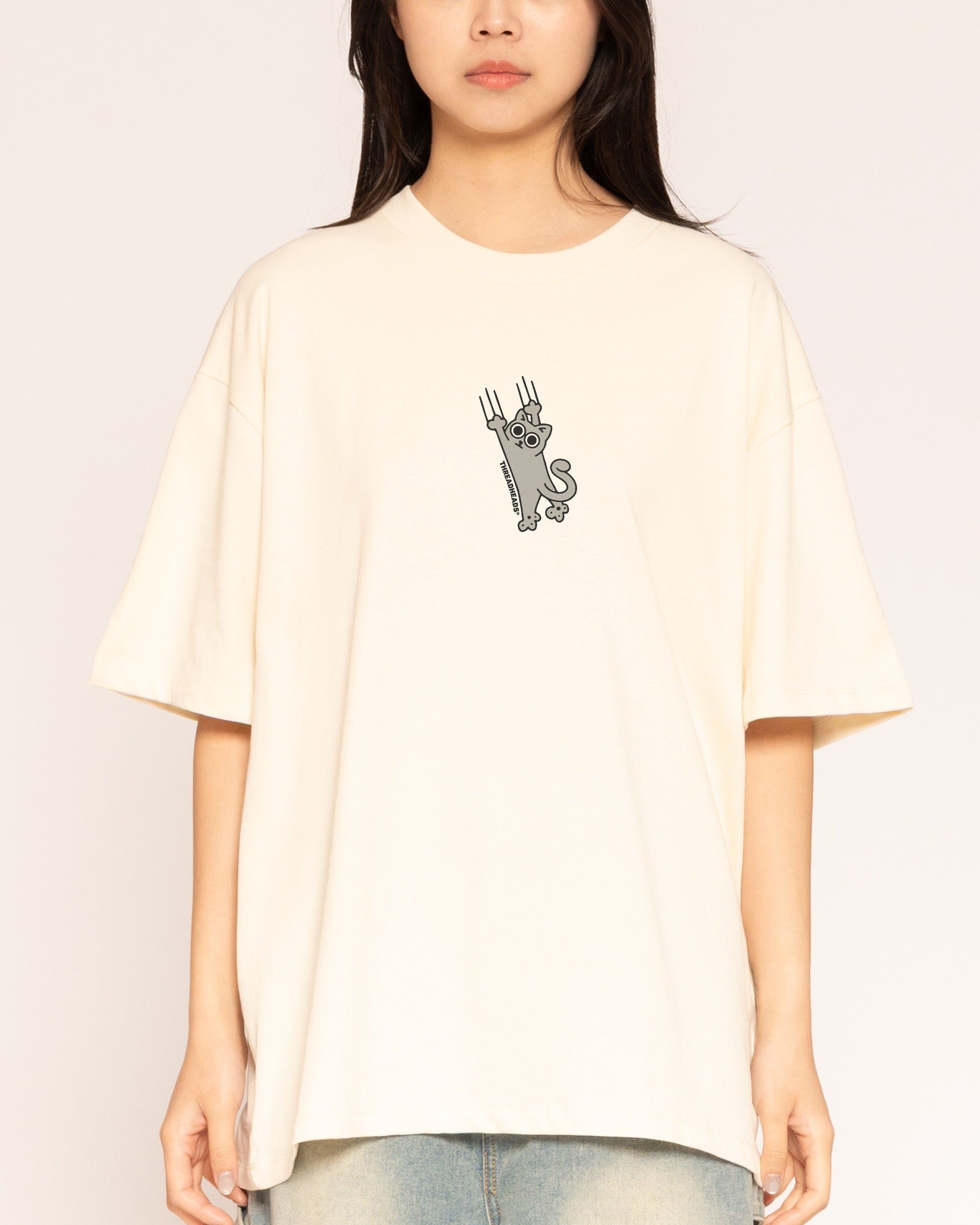 Falling Cat Oversized Graphic Tee - Unisex 90s Boxy Fit 100% Combed Cotton