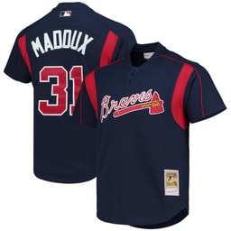 Men's Baseball team Greg Maddux Apparel brand Navy Cooperstown Collection Mesh Batting Practice Button-Up Jersey