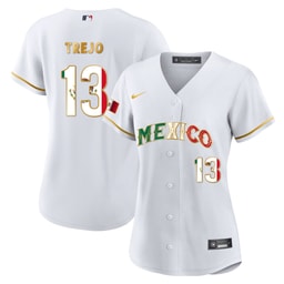 Alan Trejo 13 Mexico 2023 Flag Baseball Jersey - White Gold