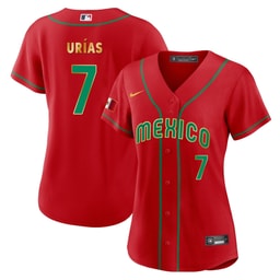 Julio Ur?as 7 Mexico 2023 Baseball Jersey - Red Gold Trim