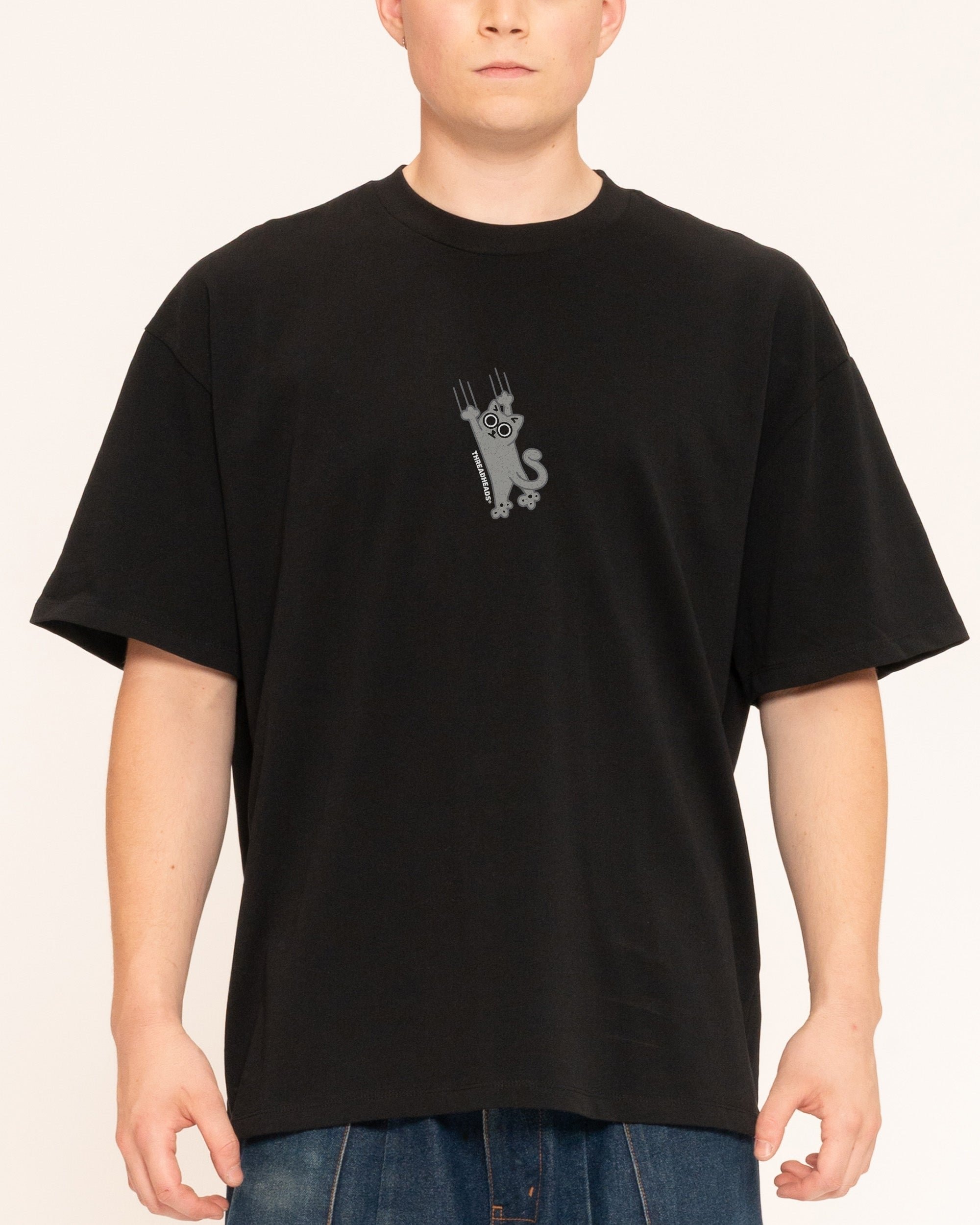 Falling Cat Oversized Graphic Tee - Unisex 90s Boxy Fit 100% Combed Cotton